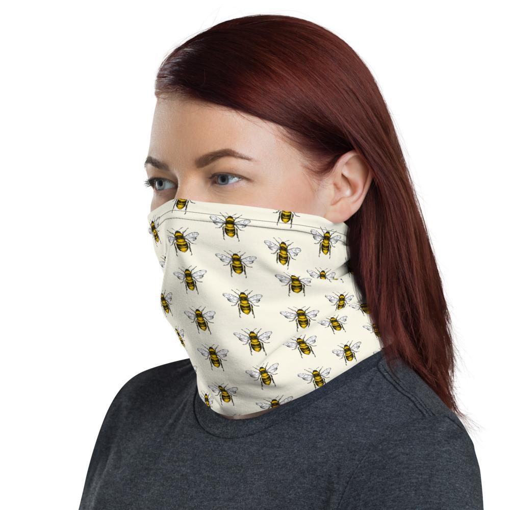 Black and yellow bees with white background design face mask covers, Neck Gaiter scarf, Hairband, headband,  Hood, Balaclava Beanie, for girls and women