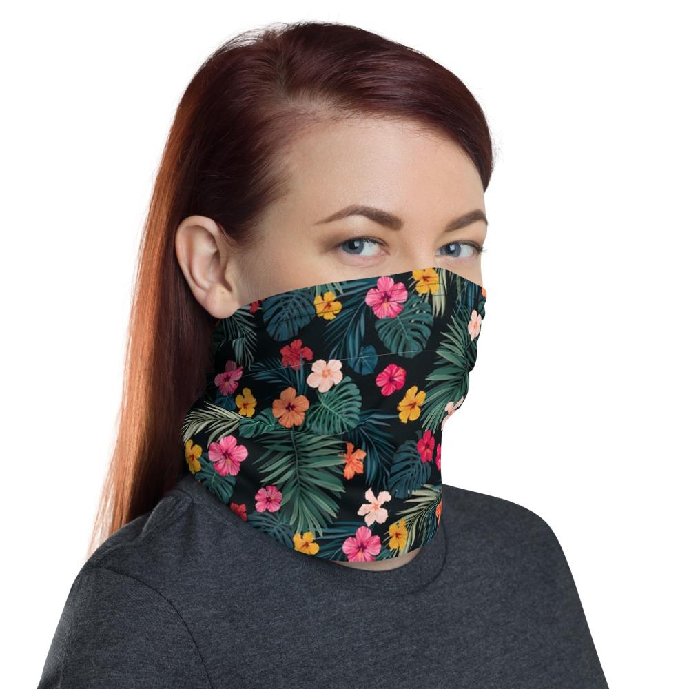 Bright hibiscus flowers and palm leaves neck Gaiter scarf mask, reusable washable fabric tube Face cover, Neck warmer Scarves, headband head wear for men and women