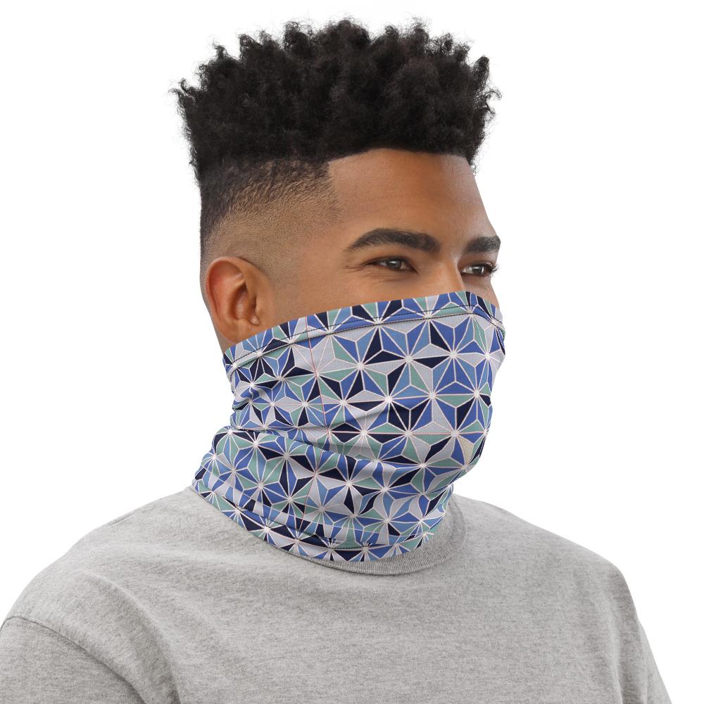 Multiple blue color geometric abstract pattern design face mask covers, Neck Gaiter scarf, Hairband, Hood, headband, Balaclava Beanie,  for men and women