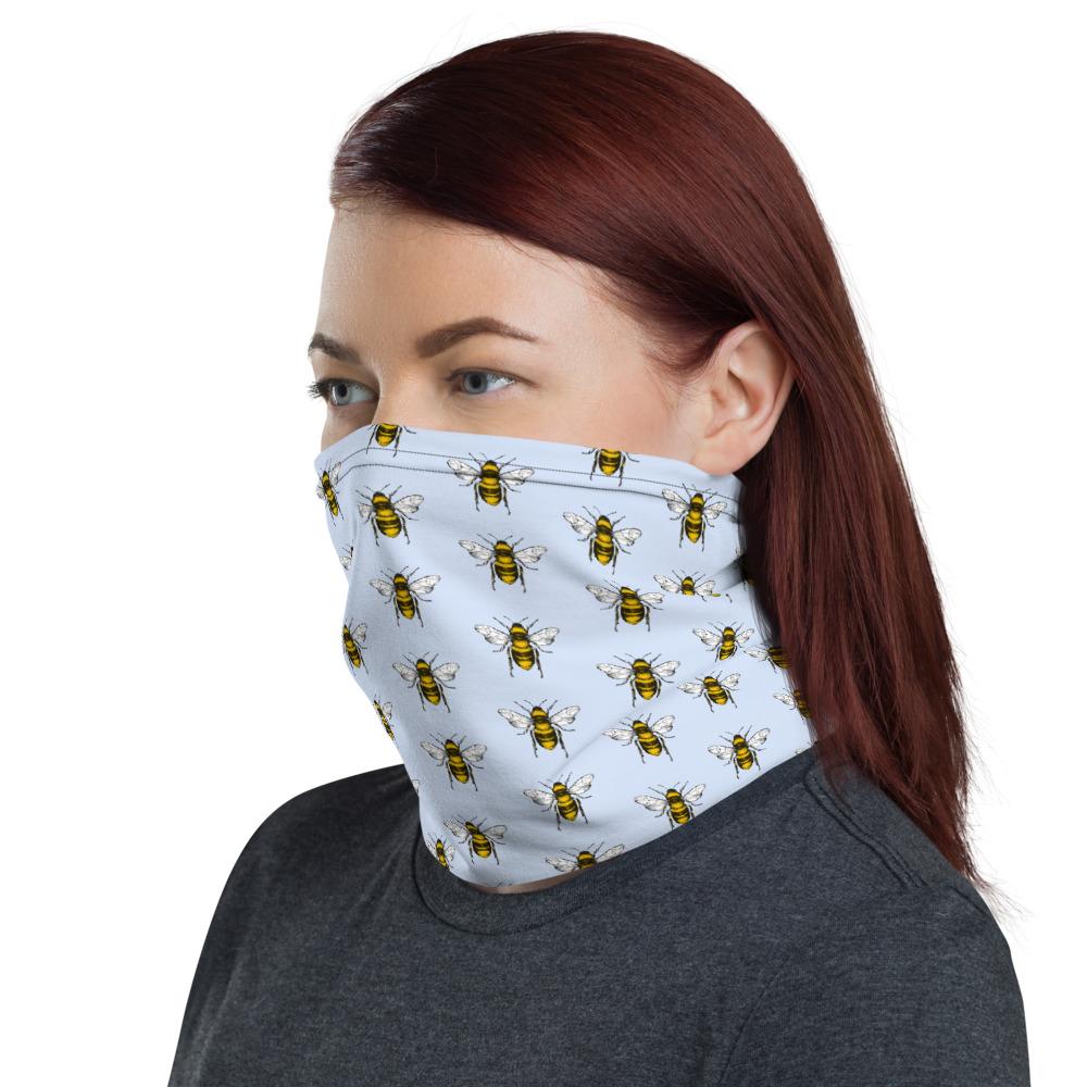 Black and yellow bees with light blue background design face mask covers, Neck Gaiter scarf, Hairband, headband, Hood, Balaclava Beanie, for girls and women