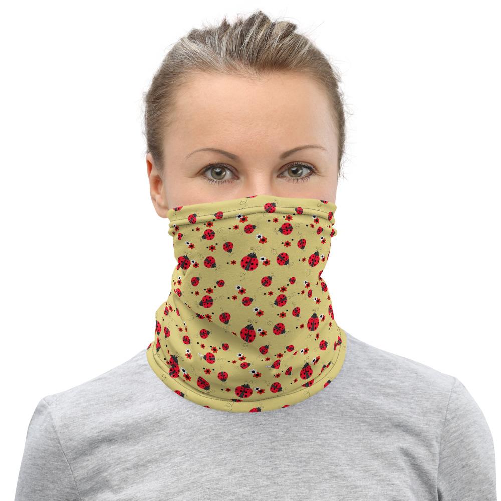 Red ladybug with flowers yellow background pattern design Neck Gaiter scarf, face mask covers, Hairband, Hood, headband, Balaclava Beanie for women