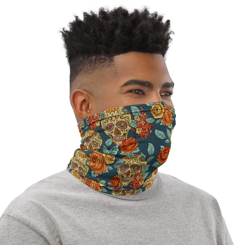 Flower with tatted skull pattern mask Face cover, Neck Gaiter scarve, Bandana, Balaclava, Beanie, Wristband, Hairband, Hood, Head wrap made in US