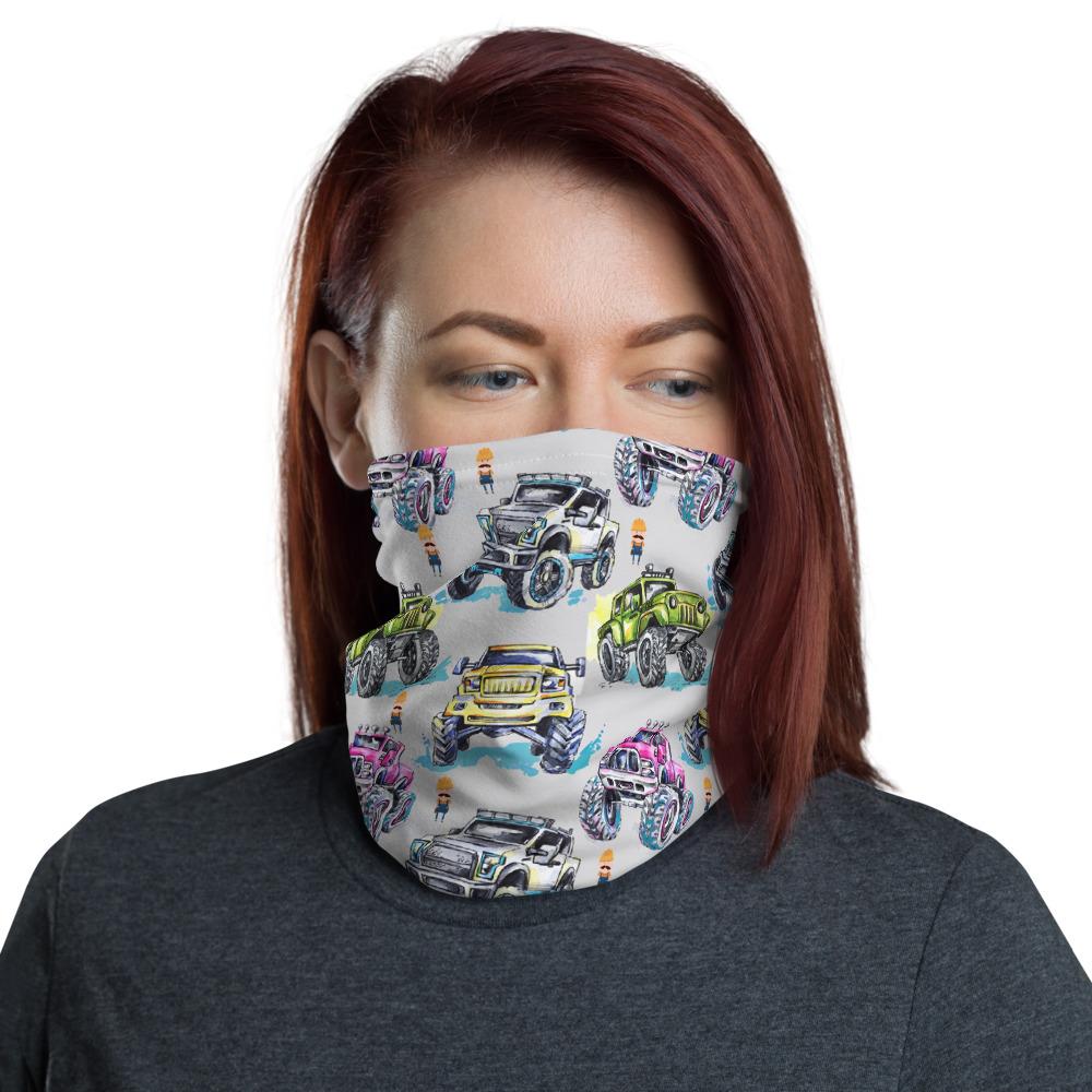Cartoon Monster Trucks print pattern neck gaiter scarf design, reusable washable fabric tube face mask Gift for women