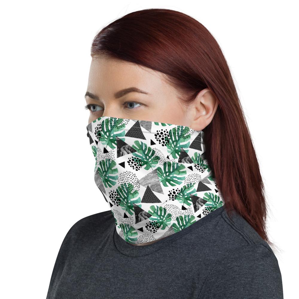tropical leaves and textured triangles print pattern neck gaiter scarf design, reusable washable fabric tube face mask