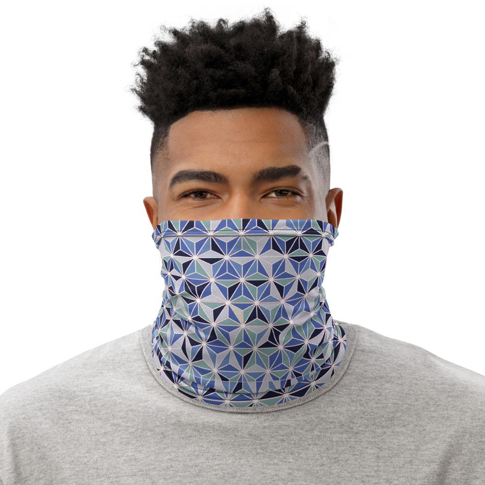 Multiple blue color geometric abstract pattern design face mask covers, Neck Gaiter scarf, Hairband, Hood, headband, Balaclava Beanie,  for men and women