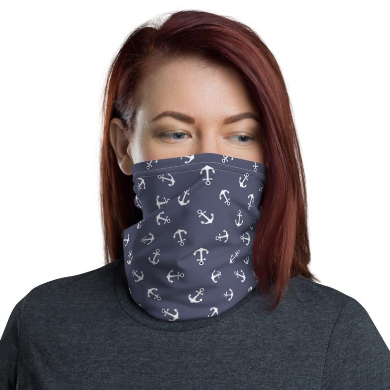Ship anchor white with purple background pattern mask Face cover, Neck Gaiter scarve, Bandana, Balaclava, Beanie, Wristband, Hairband, Hood, Head wrap made in US