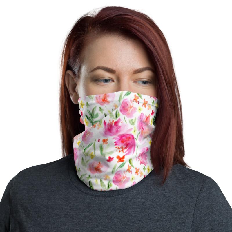 Hand made watercolor flowers pattern design neck gaiters face mask covers, Neck Gaiter scarf, Balaclava Beanie, Hairband, Hood,  headband for men and women