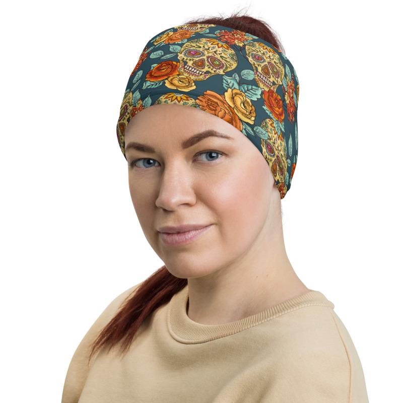 Flower with tatted skull pattern mask Face cover, Neck Gaiter scarve, Bandana, Balaclava, Beanie, Wristband, Hairband, Hood, Head wrap made in US