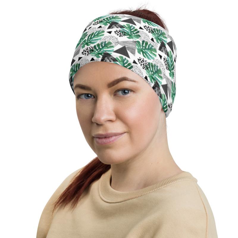 tropical leaves and textured triangles print pattern neck gaiter scarf design, reusable washable fabric tube face mask