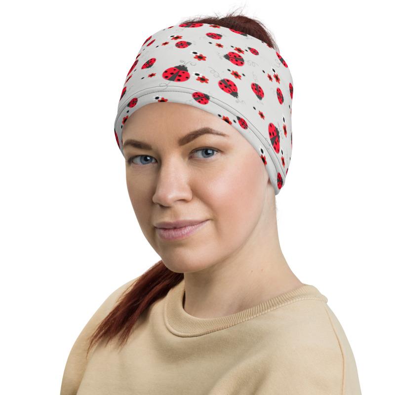 Red ladybug with flowers gray background pattern design Neck Gaiter scarf, face mask covers, Hairband, Hood, headband, Balaclava Beanie for women