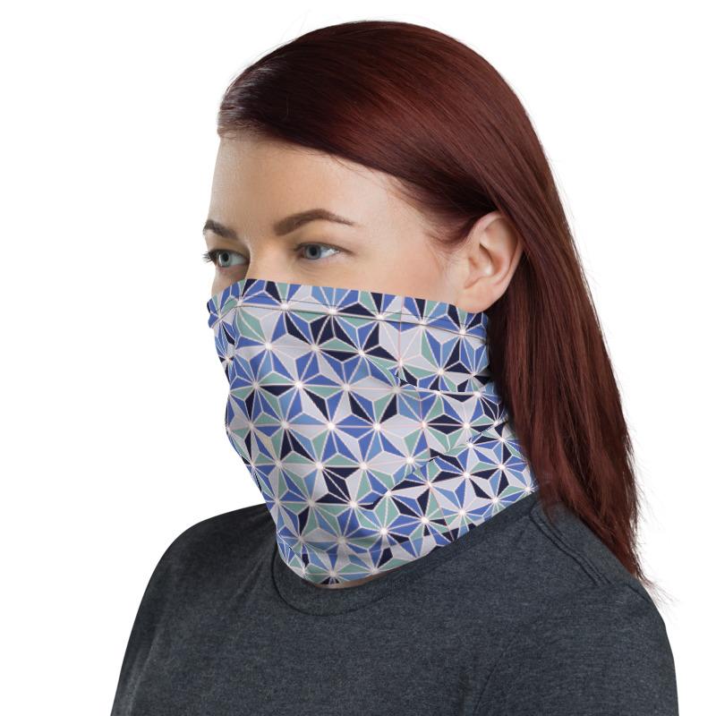Multiple blue color geometric abstract pattern design face mask covers, Neck Gaiter scarf, Hairband, Hood, headband, Balaclava Beanie, for men and women