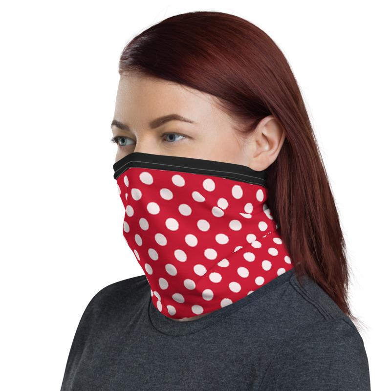 White polka dots with red background and black top lining design neck gaiters face mask covers, Neck Gaiter scarf, Balaclava Beanie, Hairband, Hood, for men and women