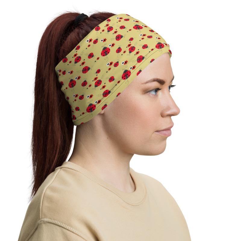 Red ladybug with flowers yellow background pattern design Neck Gaiter scarf, face mask covers, Hairband, Hood, headband, Balaclava Beanie for women