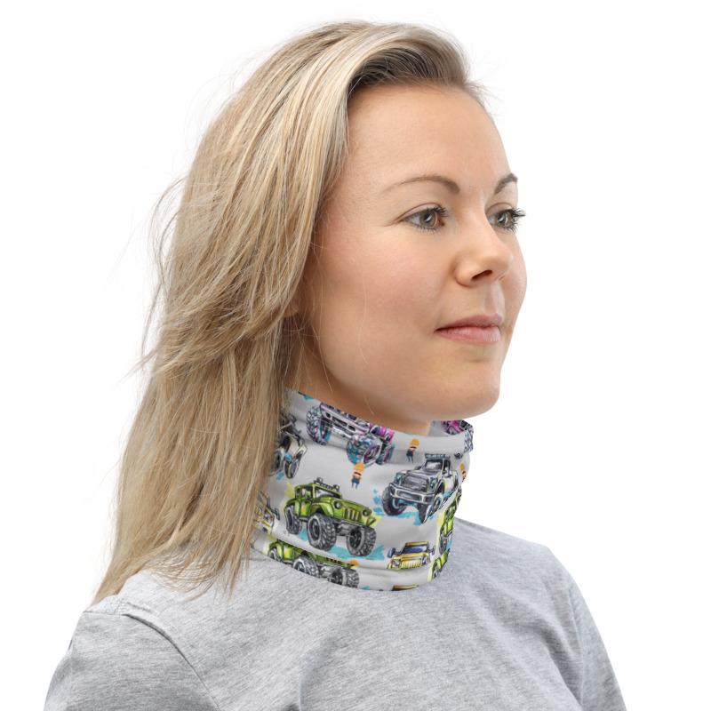 Cartoon Monster Trucks print pattern neck gaiter scarf design, reusable washable fabric tube face mask Gift for women