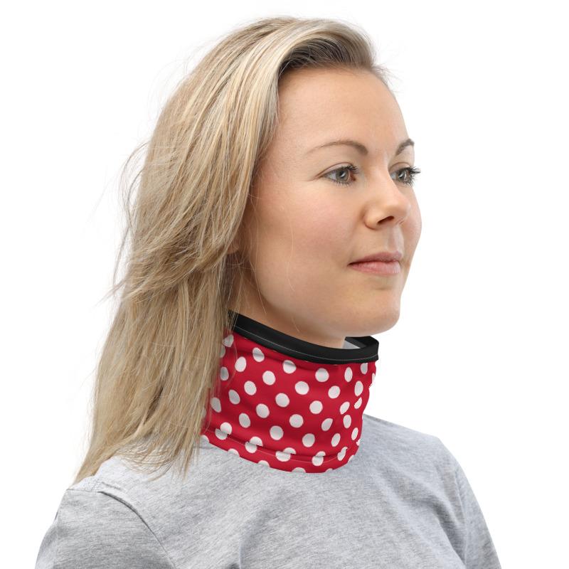 White polka dots with red background and black top lining design neck gaiters face mask covers, Neck Gaiter scarf, Balaclava Beanie, Hairband, Hood, for men and women