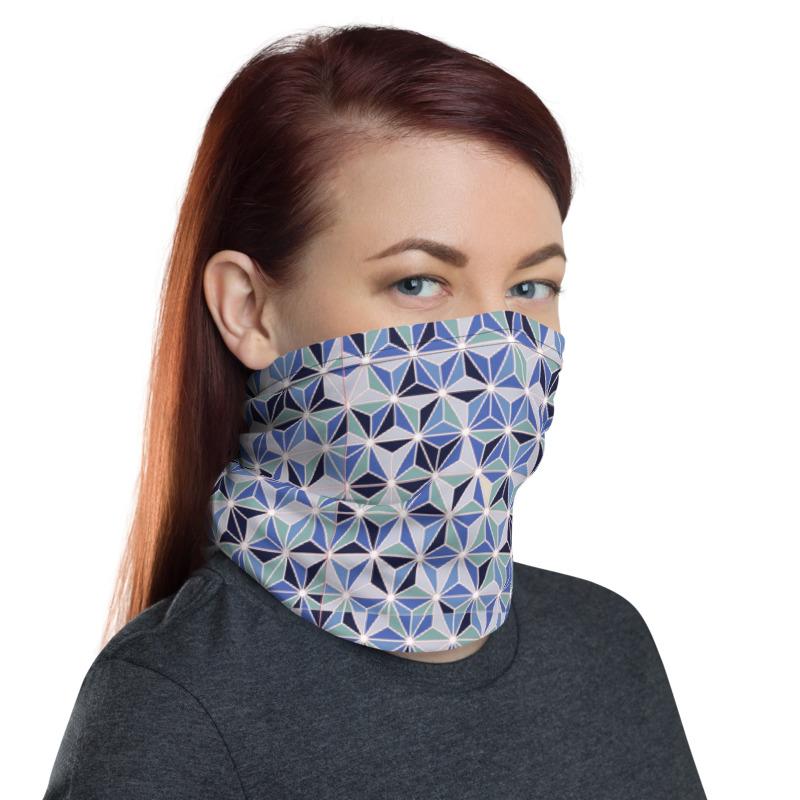 Multiple blue color geometric abstract pattern design face mask covers, Neck Gaiter scarf, Hairband, Hood, headband, Balaclava Beanie, for men and women