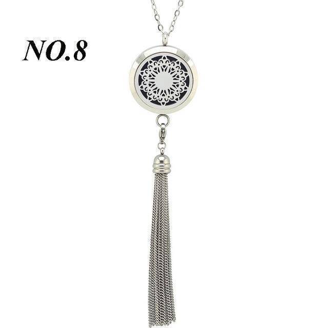 8 styles, 316L Stainless Steel Perfume lockets 30MM aromatherapy Pendant Essential Oil Diffuser Necklace with Tassel