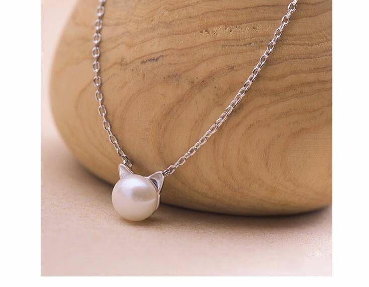 925 Sterling Silver overlay, Imitation Pearl Cat Necklace