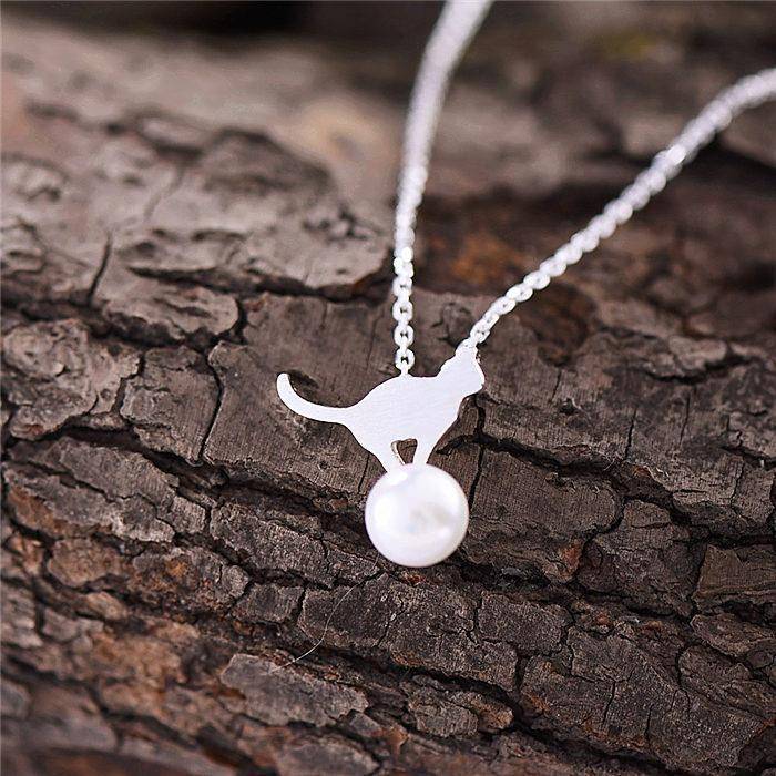 925 Sterling Silver overlay, Imitation Pearl Cat Necklace pendant
