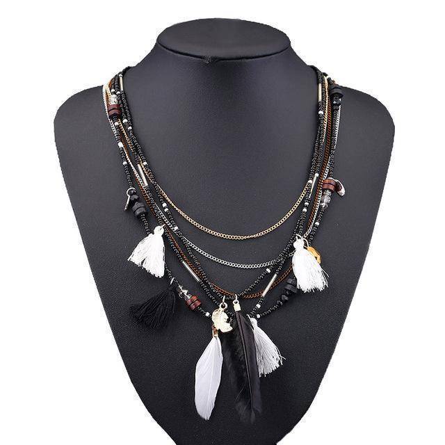 necklaces Black Bohemian  Necklaces Handmade Multilayered Beads Long Feather Tassel