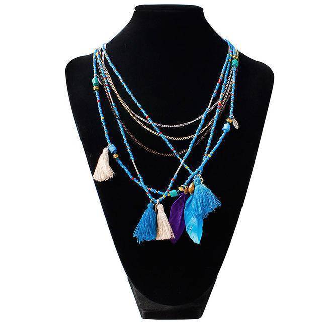 necklaces Blue Bohemian  Necklaces Handmade Multilayered Beads Long Feather Tassel