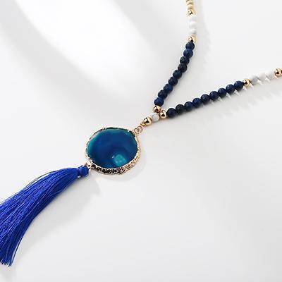 Necklaces blue Druzy Natural Stone Pendant Fringed Bohemian Tassel