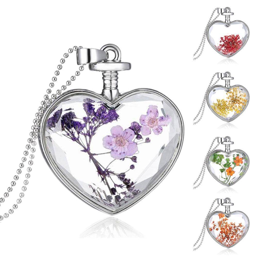 necklaces Dried Flowers Vintage Long Chain Crystal Heart Pendant Necklace