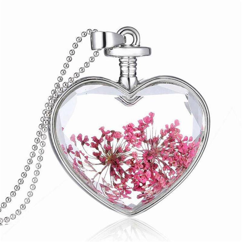 necklaces Dried Flowers Vintage Long Chain Crystal Heart Pendant Necklace
