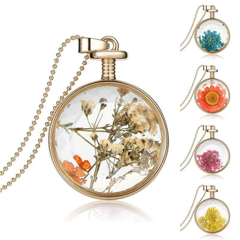 Necklaces Fresh Pressed dried real Flowers, simple Vintage Long Chain Crystal Round Pendant Necklace jewelry