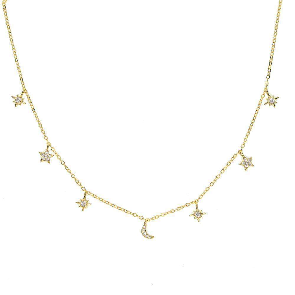 necklaces Gold Necklace Moon & star drop charm silver choker Layered CZ silver 925 necklace