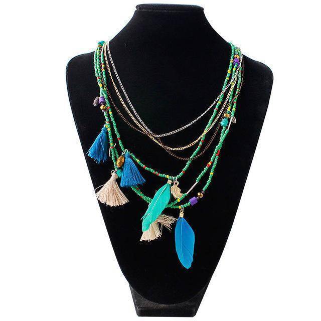 necklaces Green Bohemian  Necklaces Handmade Multilayered Beads Long Feather Tassel