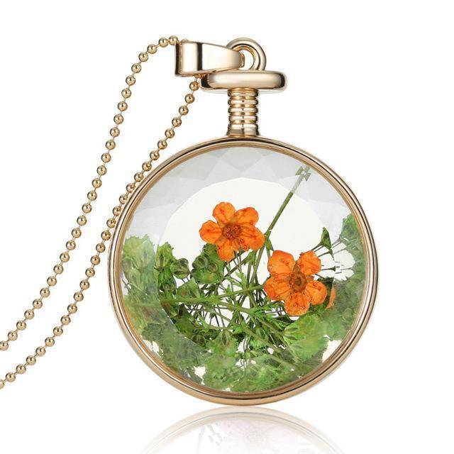 Necklaces green Fresh Pressed dried real Flowers, simple Vintage Long Chain Crystal Round Pendant Necklace jewelry