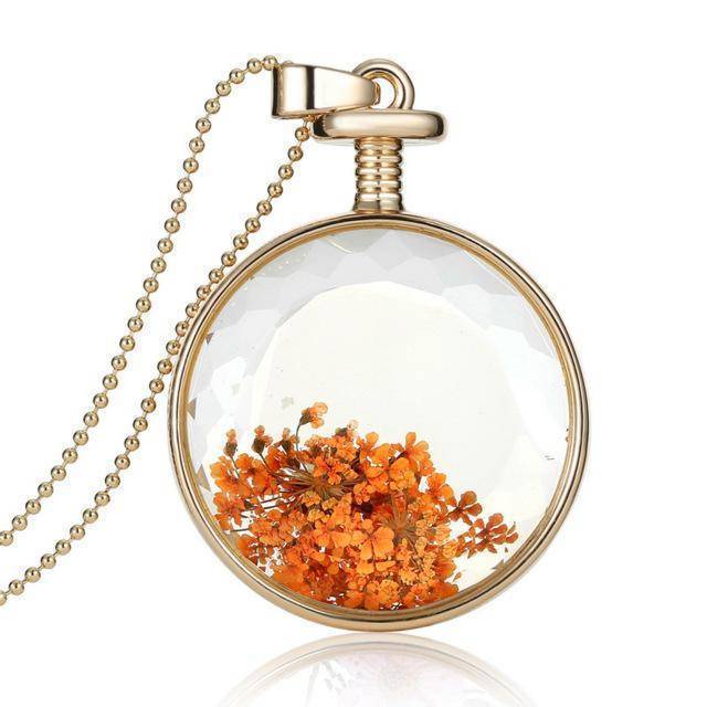 Necklaces light orange Fresh Pressed dried real Flowers, simple Vintage Long Chain Crystal Round Pendant Necklace jewelry
