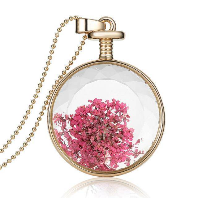 Necklaces light purple Fresh Pressed dried real Flowers, simple Vintage Long Chain Crystal Round Pendant Necklace jewelry