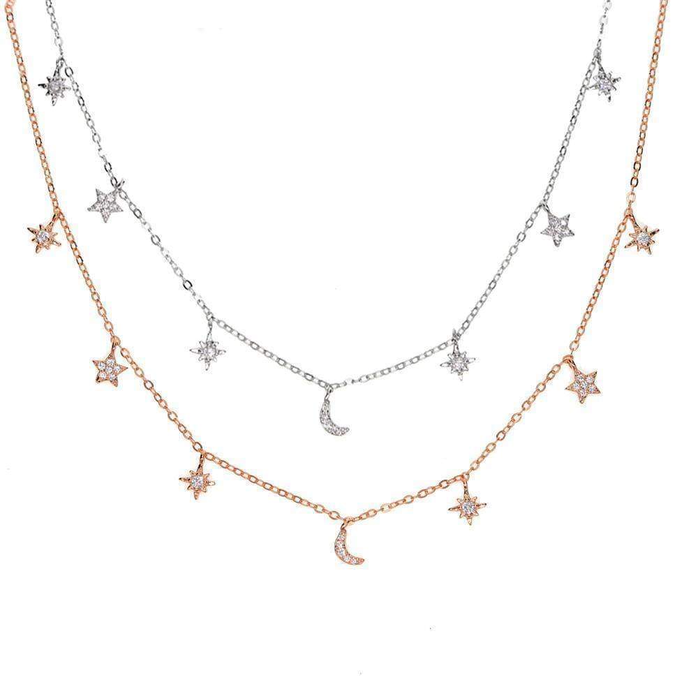 necklaces Moon & star drop charm silver choker Layered CZ silver 925 necklace