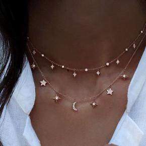 necklaces Moon & star drop charm silver choker Layered CZ silver 925 necklace
