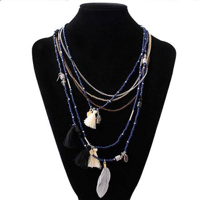necklaces navy Bohemian  Necklaces Handmade Multilayered Beads Long Feather Tassel