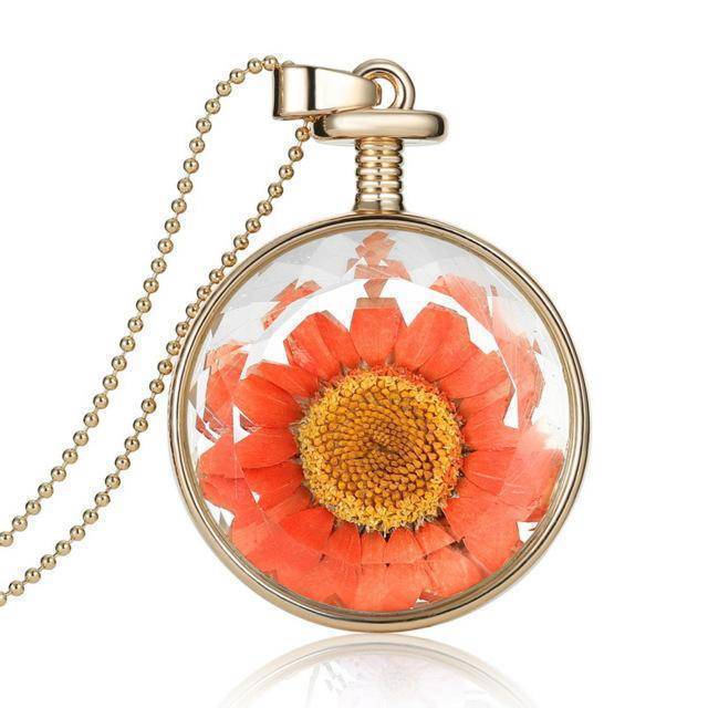 Necklaces orange Fresh Pressed dried real Flowers, simple Vintage Long Chain Crystal Round Pendant Necklace jewelry