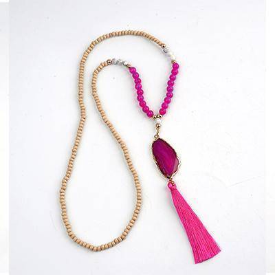 Necklaces pink Druzy Natural Stone Pendant Fringed Bohemian Tassel