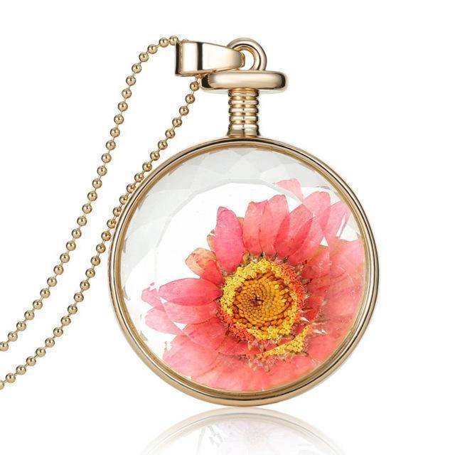 Necklaces pink Fresh Pressed dried real Flowers, simple Vintage Long Chain Crystal Round Pendant Necklace jewelry