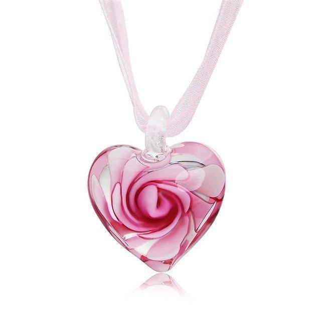 Necklaces Pink Handmade Luxury Love Heart Necklace Glass Blown Flower Inlaid Spiral Ribbon
