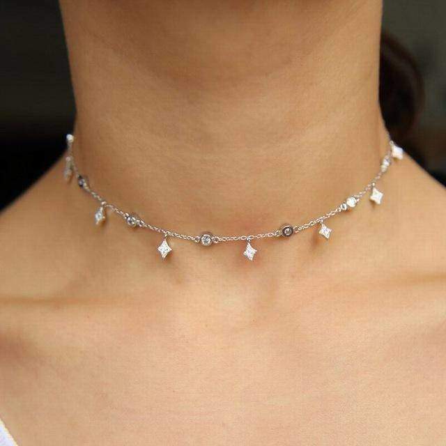 necklaces Platinum choker Moon & star drop charm silver choker Layered CZ silver 925 necklace