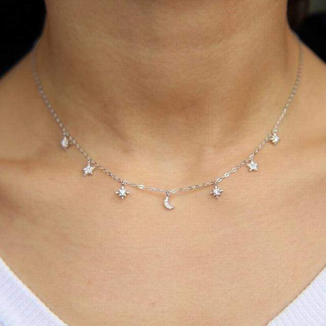 necklaces Platinum Necklace Moon & star drop charm silver choker Layered CZ silver 925 necklace