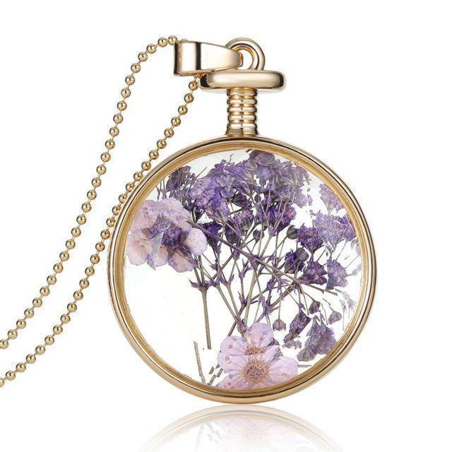 Necklaces purple Fresh Pressed dried real Flowers, simple Vintage Long Chain Crystal Round Pendant Necklace jewelry