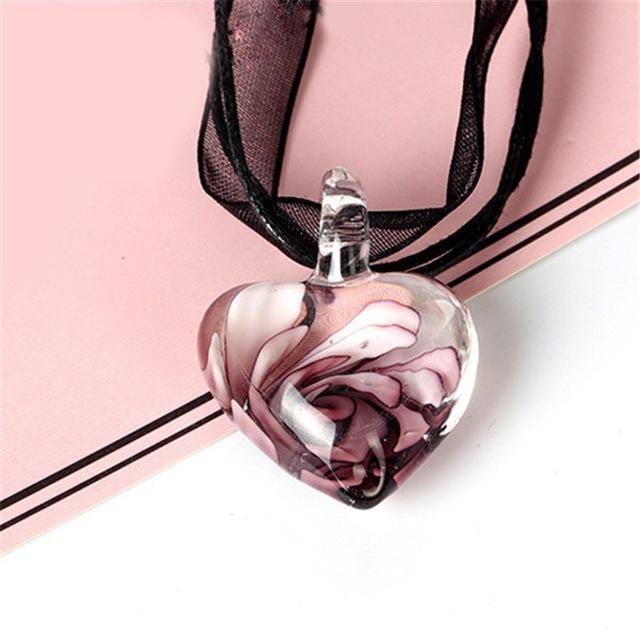 Necklaces Purple Handmade Luxury Love Heart Necklace Glass Blown Flower Inlaid Spiral Ribbon