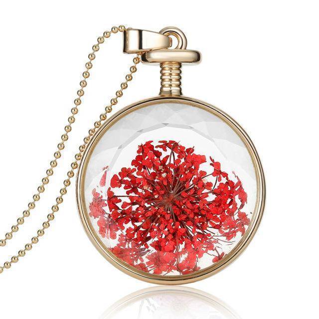 Necklaces red Fresh Pressed dried real Flowers, simple Vintage Long Chain Crystal Round Pendant Necklace jewelry