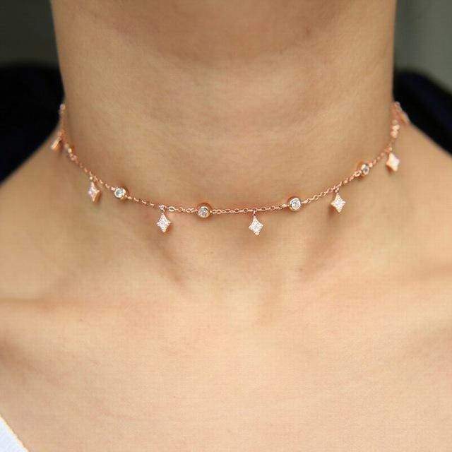 necklaces Rose Gold Choker Moon & star drop charm silver choker Layered CZ silver 925 necklace