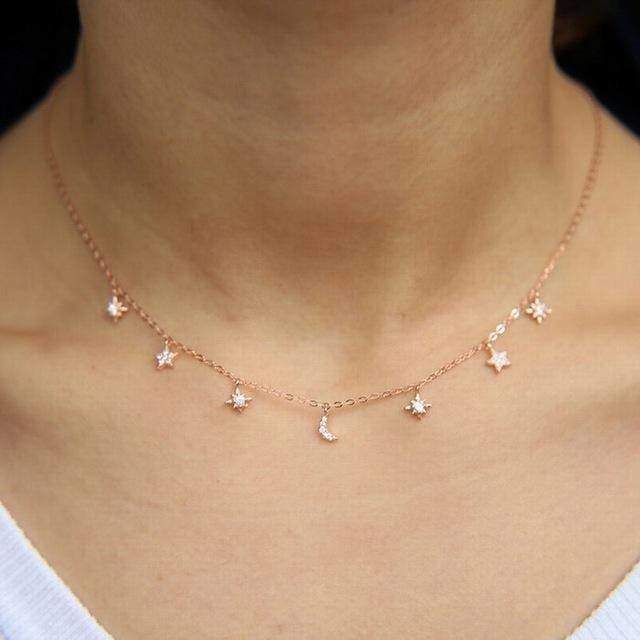 necklaces Rose Gold Necklace Moon & star drop charm silver choker Layered CZ silver 925 necklace