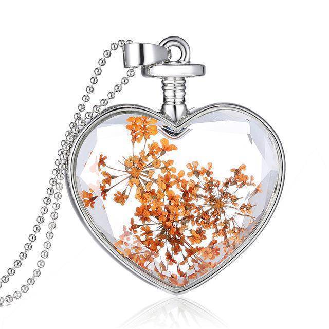 necklaces WG1377 Dried Flowers Vintage Long Chain Crystal Heart Pendant Necklace