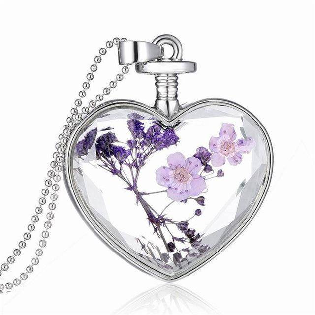 necklaces WG1381 Dried Flowers Vintage Long Chain Crystal Heart Pendant Necklace
